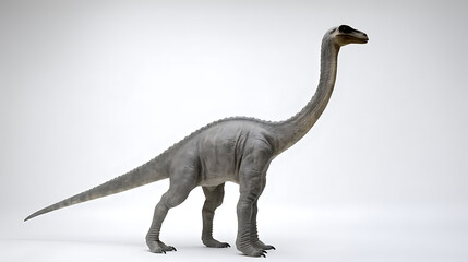 Obraz premium A grey dinosaur with a long neck stands on a white background, evoking a sense of prehistoric wonder. 