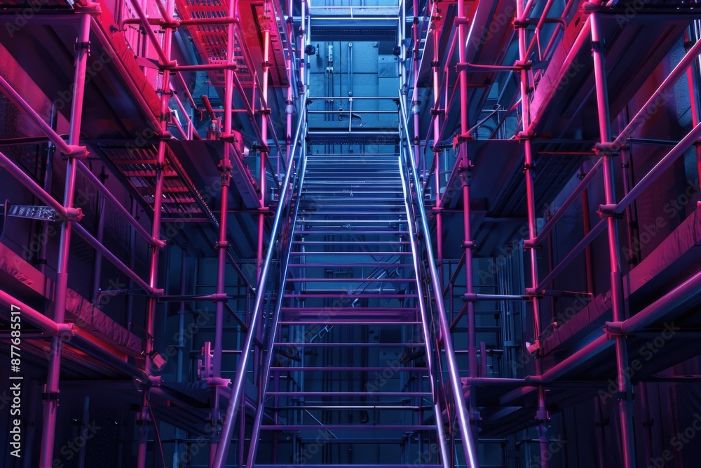 Poster a staircase leads up to the rooftop of a building, ideal for use in architectural or urban planning 