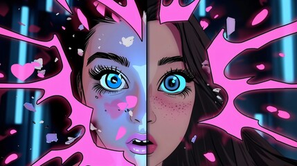 Beautiful woman splitting in two showing her true self with pink and blue lights