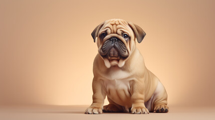 Adorable pug puppy, brown, beige, white, studio shot, cute, playful, pet portrait. 