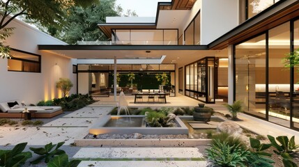 Fototapeta premium Contemporary suburban home with a central courtyard featuring a modern fountain and space for outdoor dining