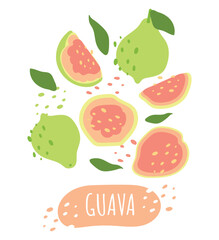 A set of guava slices with the inscription guava. Fresh, juicy and tasty fruit. Vector illustration of organic fruit. Eco-label for natural guava flavor. Juice, smoothie design.