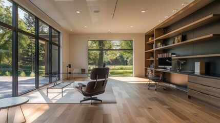 Contemporary suburban home with a minimalist, all-glass study that provides a quiet, distraction-free environment for work