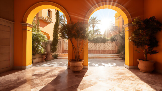 Sunlit terracotta arches, green plants, and a warm yellow wall create a serene Mediterranean courtyard, perfect for a relaxing vacation. 