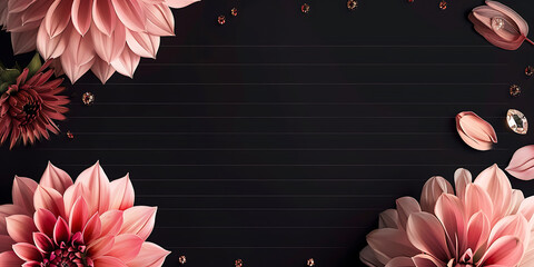 Pink flowers and sparkling gems on black background, elegant floral design for wedding invitations or romantic projects. 
