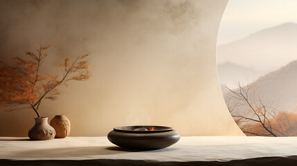 Minimalist  zen  design with  brown, beige, and white  colors  evokes  tranquility and  peace  for  meditation. 
