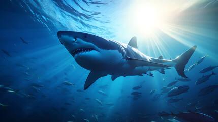 A great white shark with a menacing expression swims through a school of fish in a blue ocean, bathed in sunlight. 
