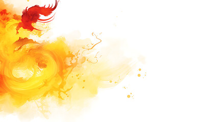 Abstract watercolor background with red bird and yellow swirls, perfect for spring and nature designs. 
