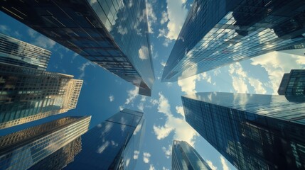 Looking up at the towering skyscrapers in a bustling metropolis