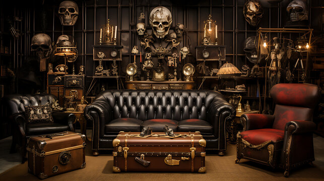 Dark, mysterious, vintage living room with leather furniture and antique skulls, perfect for Halloween or gothic themed design. 
