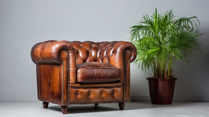 Brown leather armchair, green plant, and white wall,  a vintage interior design concept,  evoking a sense of classic elegance and comfort. 