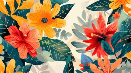 Colorful tropical flowers and plants creating a vibrant summer background