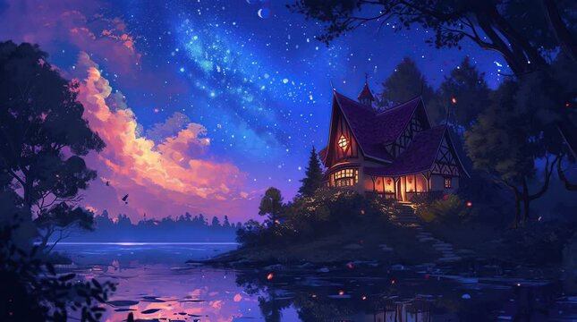 Whimsical fantasy house perched on a hill beside a serene lake under a fantastical night sky, creating a magical and enchSeamless looping 4k time-lapse virtual video animation background. Generated AI