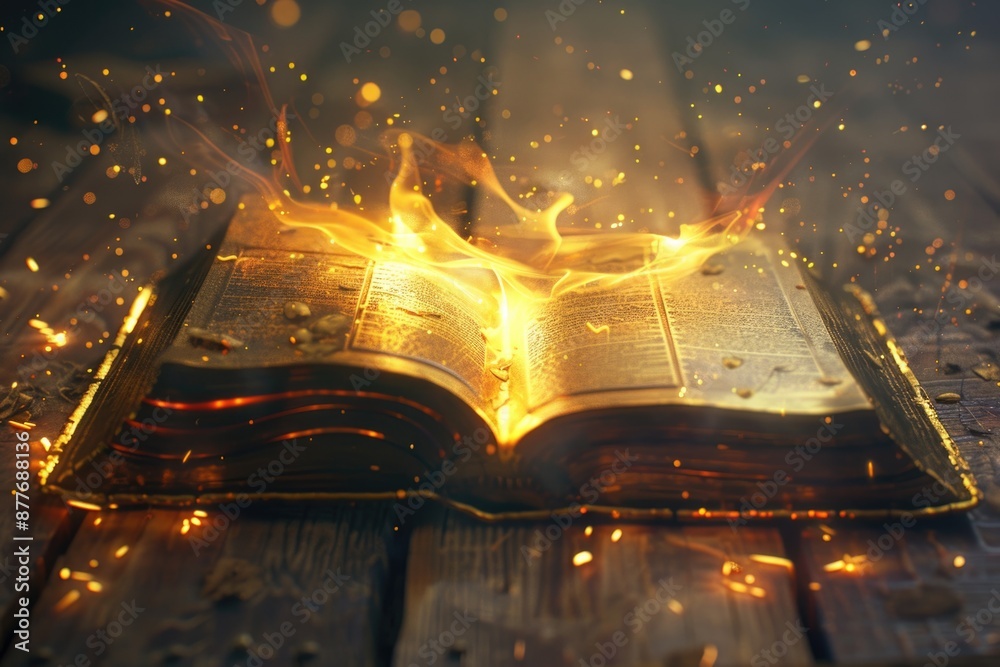 Poster an open book sits on a wooden table as flames lick at the pages, a warm glow illuminating the surrou