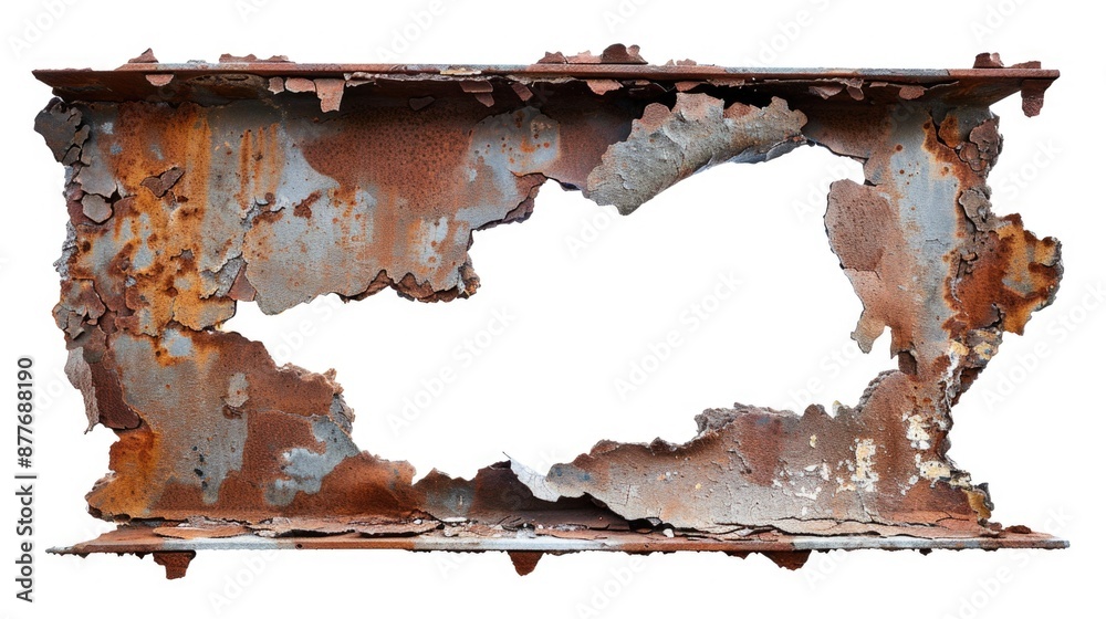 Poster a close-up shot of a piece of rusted metal with a hole in it, suitable for use as a prop or texture