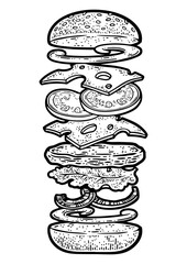 components of hamburger sketch engraving PNG illustration. T-shirt apparel print design. Scratch board imitation. Black and white hand drawn image.