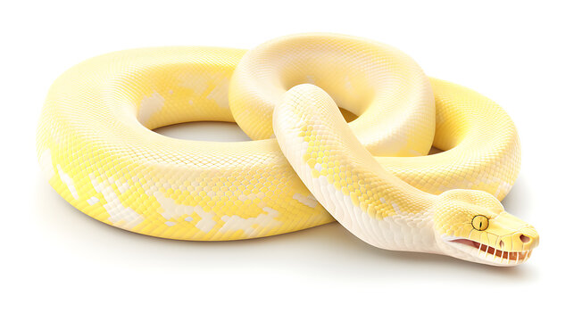A  yellow  albino python  with  white  and  yellow  scales  is  coiled  on  a  white  background  for  a  wildlife  photography  project. 