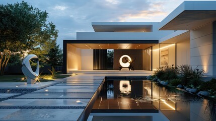 Contemporary suburban home with a minimalist entry that features a reflecting pool, a sculpture, and dramatic lighting for evening allure