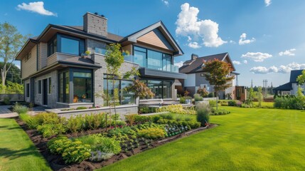 Contemporary suburban home with a smart irrigation system that includes soil moisture sensors and automatic scheduling based on weather forecasts