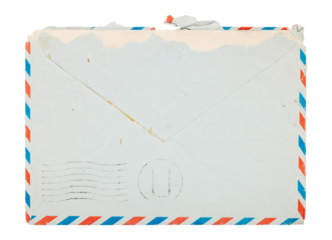 Old blue envelope with air mail mark and stamp isolated