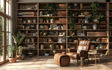 Cozy brown leather armchair and ottoman in front of a large wooden bookshelf filled with books and plants, inviting relaxation and a love for reading.
