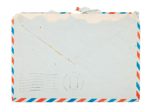 Old blue envelope with air mail mark and stamp isolated