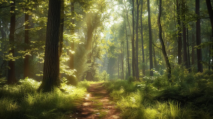 Fototapeta premium tranquil forest path with sunlight streaming through trees