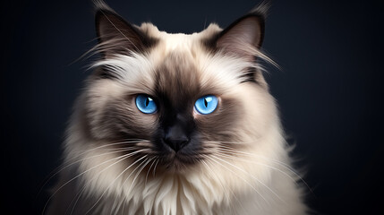 A fluffy white cat with piercing blue eyes stares intensely into the camera, creating a captivating and mysterious mood. 