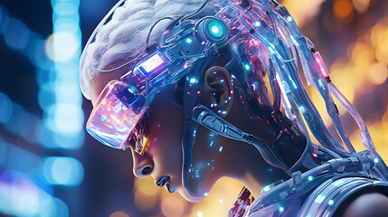 A futuristic woman with blue and pink glowing wires, wearing a cyberpunk helmet, in a neon-lit city, showcasing the future of technology and innovation. 
