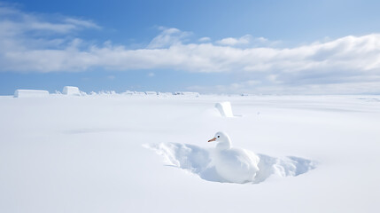 A white bird sits in the snow, a minimalist winter landscape with white and blue tones, perfect for a winter wonderland or arctic wildlife concept. 
