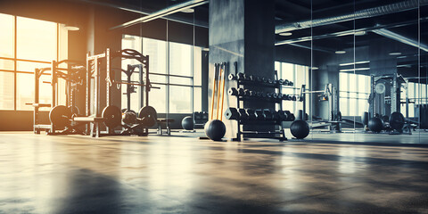 Modern gym interior with black weights and equipment, a perfect backdrop for fitness and health advertising. 
