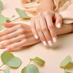 Fototapeta premium Light polish nails, female manicure fingers, nails care concept, beauty