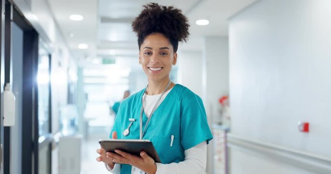 Nurse, woman and tablet for hospital services, healthcare charts and clinic information with happy results or progress. Face of african doctor with digital technology, medical research or telehealth