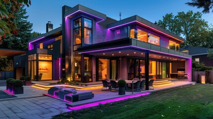 Contemporary suburban home with an interactive outdoor LED lighting system that responds to music played in the backyard
