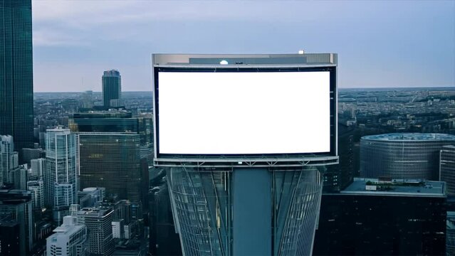 Large horizontal blank advertising poster billboard banner mockup in front of building in urban city; digital light box display screen