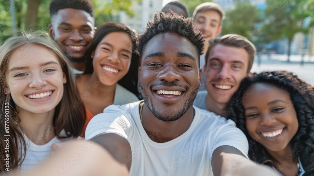 Poster the group selfie outdoors