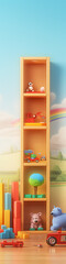 Fototapeta premium A cheerful 3D illustration of a wooden bookshelf filled with colorful toys, perfect for a child's room design. 