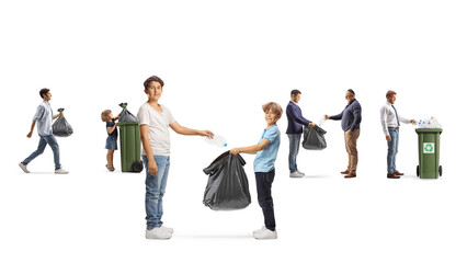 Fototapeta premium Children and adults recycling plastic bottles