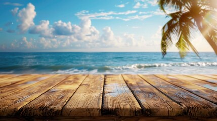 Summer themed wooden board with empty space for decor against blurry sea and ocean backdrop