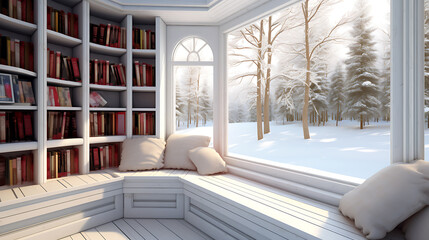 Cozy white window seat with bookshelves and pillows overlooking a snowy winter forest. 