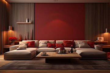 Modern living room interior with red and beige colors, perfect for cozy evenings and relaxation. 
