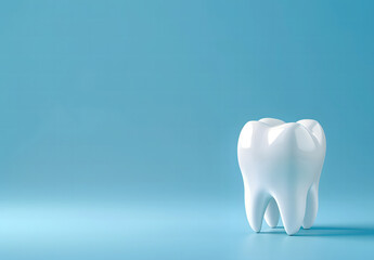 Tooth model with a dental brush, including a mirror and probes on a blue background. Dental care and regular check-ups with dentist concept design