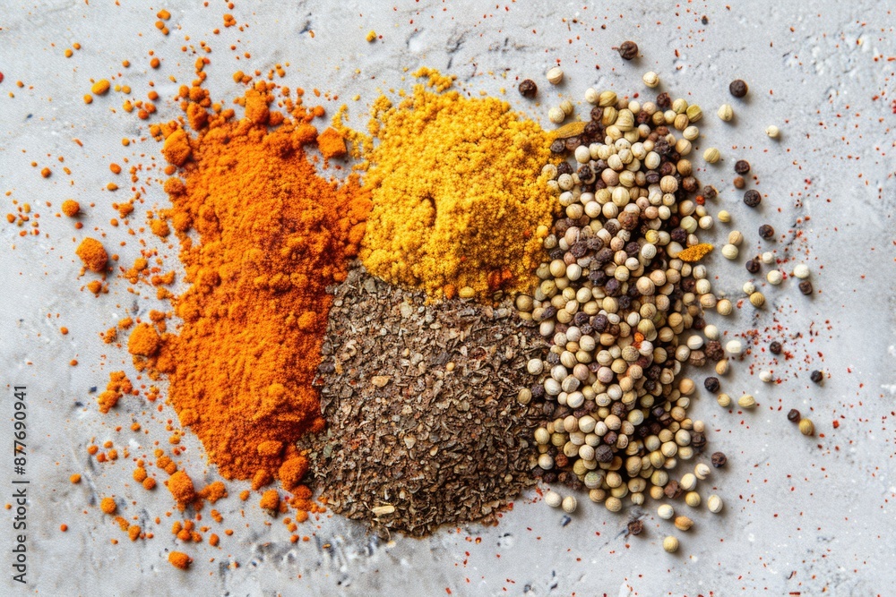 Poster A selection of different spices arranged on a table with various containers and labels