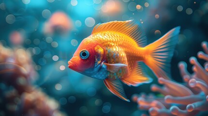 Fototapeta premium Cartoon colorful fish in a sleek aquarium, supplements visible on the side, high angle shot, bright and cheerful background