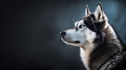 A dramatic black and white husky with piercing blue eyes stares into the distance, conveying a sense of power and loyalty. 
