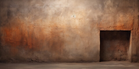 A rustic brown wall with a doorway, perfect for product placement and vintage design projects. 
