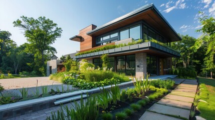 Contemporary suburban home with an eco-friendly design that includes a living roof, permeable paving, and rain gardens