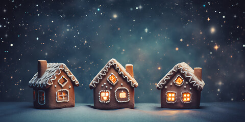 Three gingerbread houses with warm lights, brown and white against a blue starry night, perfect for Christmas cards and winter holiday designs. 
