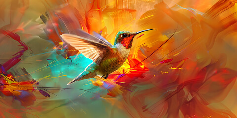 A vibrant hummingbird with red and green colors flies through an abstract orange and blue background, representing freedom and joy. 
