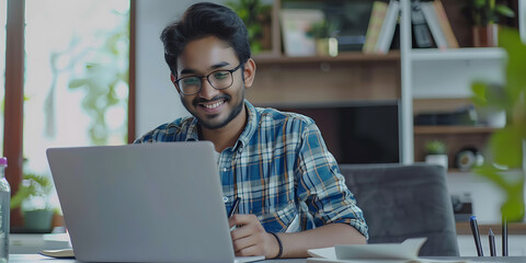 Smiling man in blue plaid shirt working on laptop, positive energy, modern office setting, freelance work, success. 

